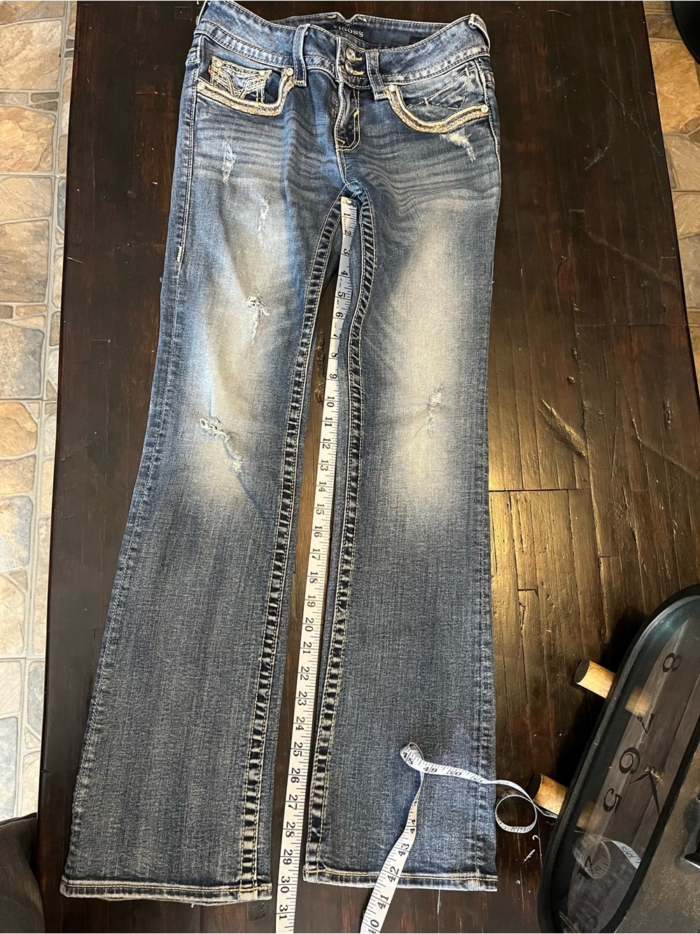 Vigoss Distressed Light Blue Bootcut Jeans with Decorative Trim